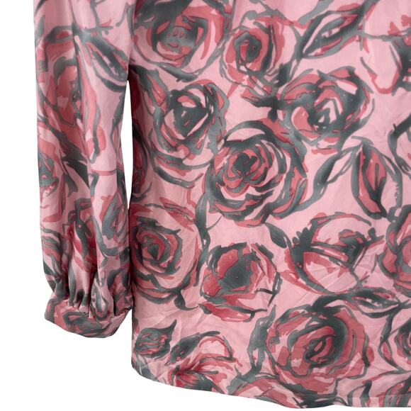Britt Ryan Pink Gray Rose Print Ruffle Neck Silk Blouse Womens 2 - Picture 5 of 7